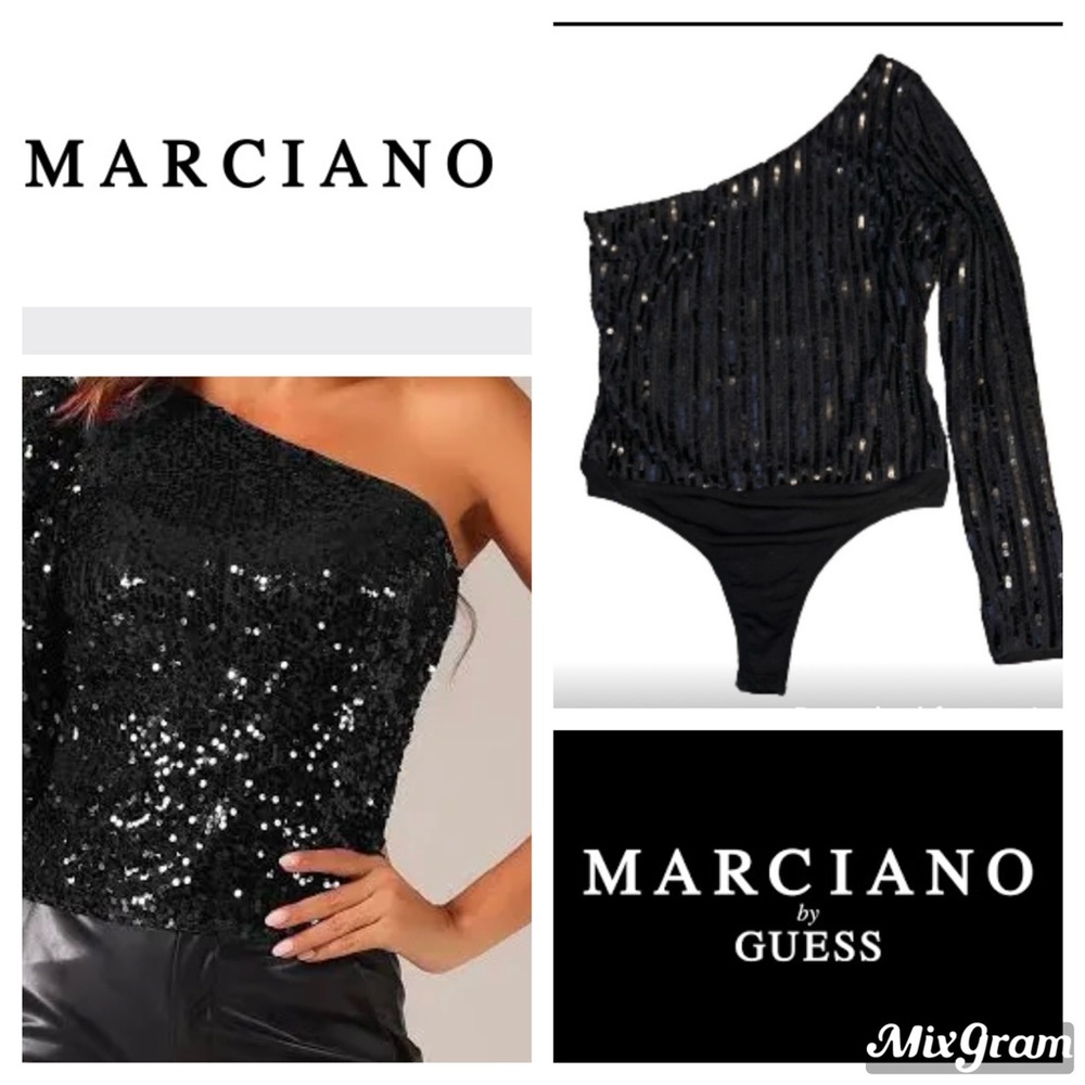 ‼️WOW‼️🖤🖤MARCIANO🖤Los Angeles black sequin one shoulder bodysuit NWOT size S